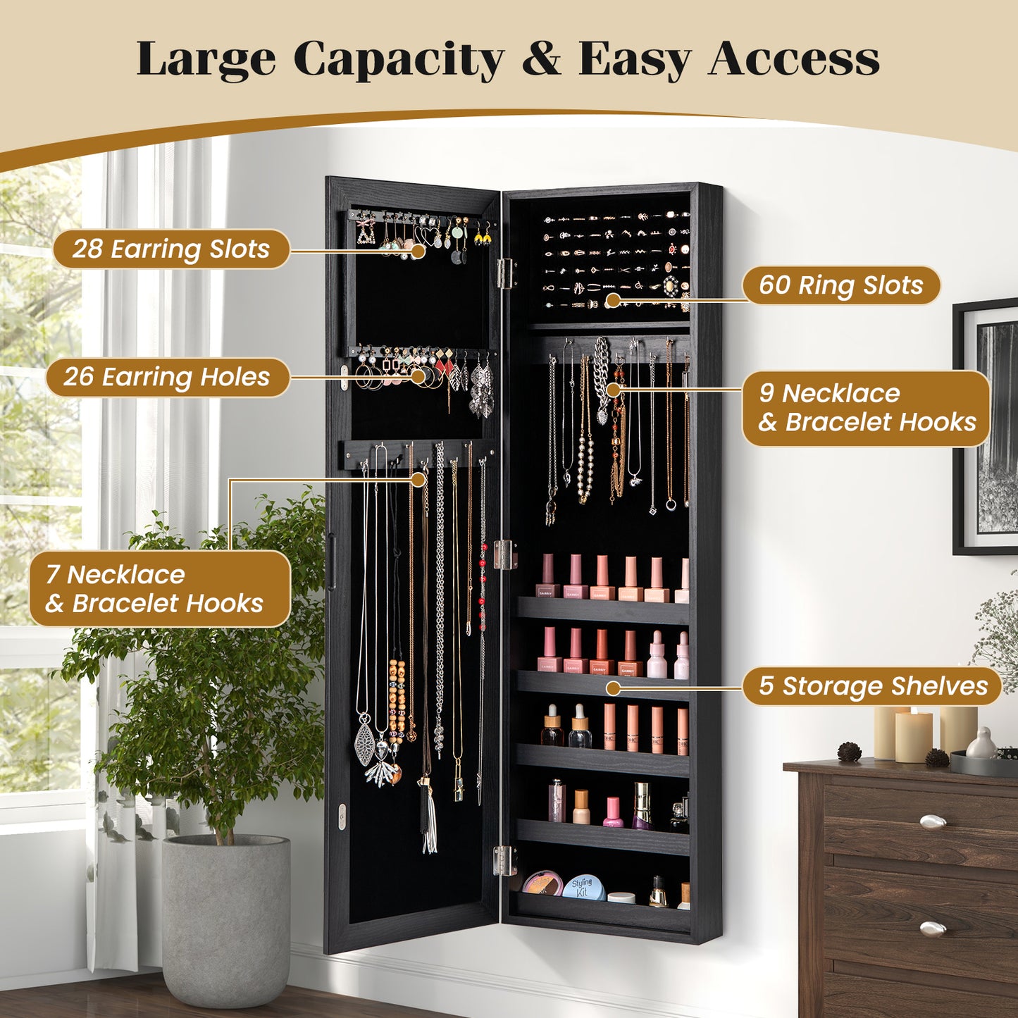 Wall Mounted Jewelry Cabinet With Full Length Mirror, Black Jewelry Armoires at Gallery Canada
