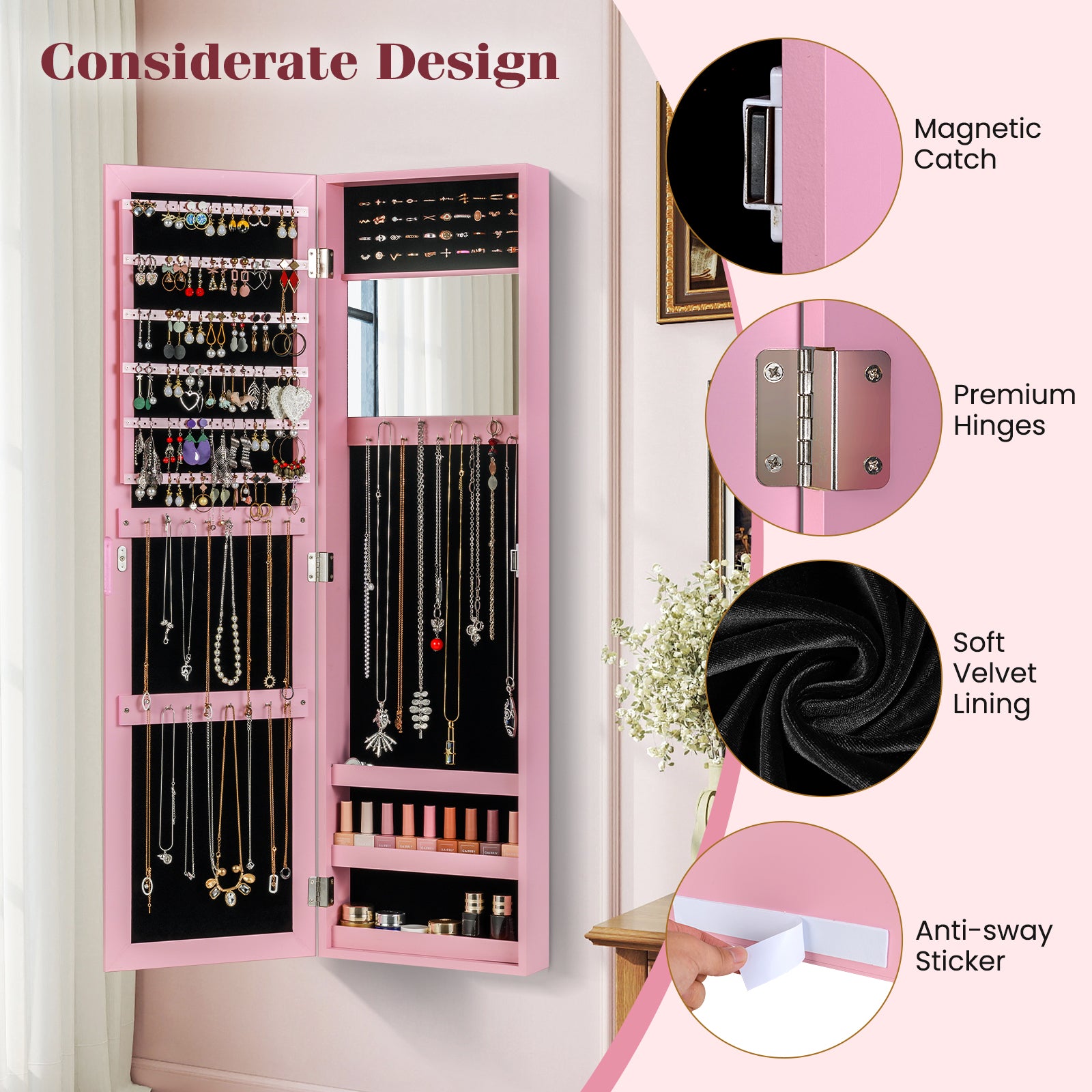 Jewelry Cabinet Wall or Door Mounted Jewelry Armoire Modern Hanging Jewelry Organizer, Pink Jewelry Armoires at Gallery Canada