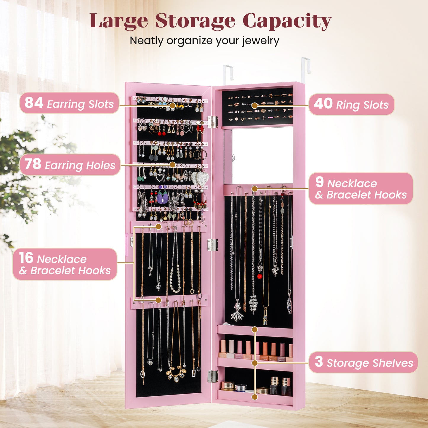Jewelry Cabinet Wall or Door Mounted Jewelry Armoire Modern Hanging Jewelry Organizer, Pink Jewelry Armoires at Gallery Canada