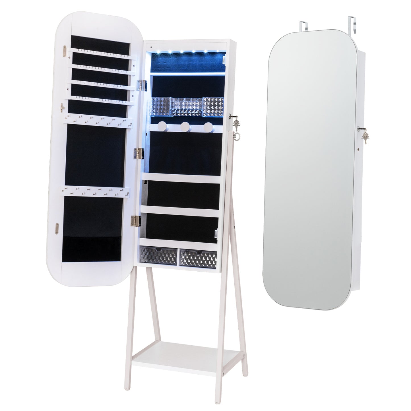 Jewelry Cabinet, Full-Length Mirror, Large Storage, White