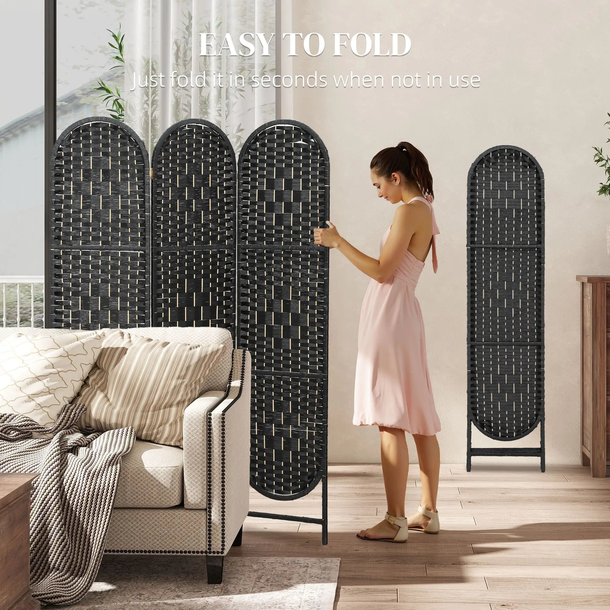 Bohemian Privacy Screen, 3 Panel Folding Room Divider, Arched Top, Black Room Dividers at Gallery Canada
