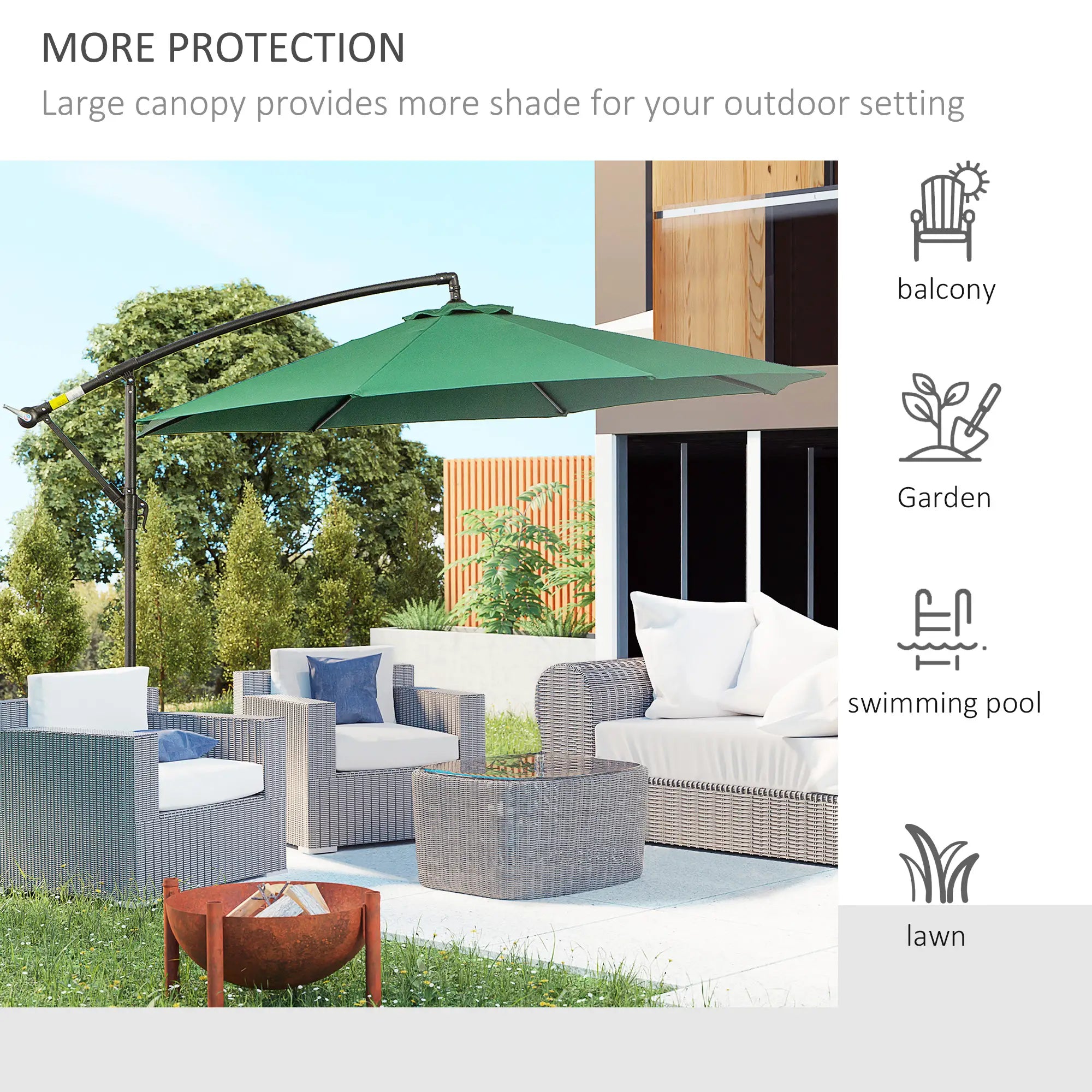 9.7ft Offset Patio Umbrella, 8 Ribs, Crank Handle, Cross Base, Green Offset Cantilever Umbrellas at Gallery Canada