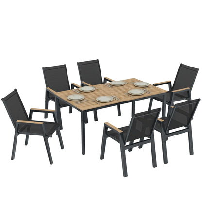7 Piece Outdoor Dining Set, Rectangle Patio Table, 6 Mesh Chairs