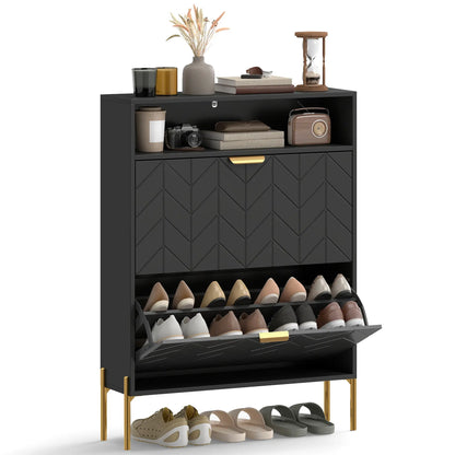 Narrow Shoe Cabinet, 2 Flip Drawers, Adjustable Shelves, Open Compartment, Black Shoe Storage Cabinets & Racks at Gallery Canada