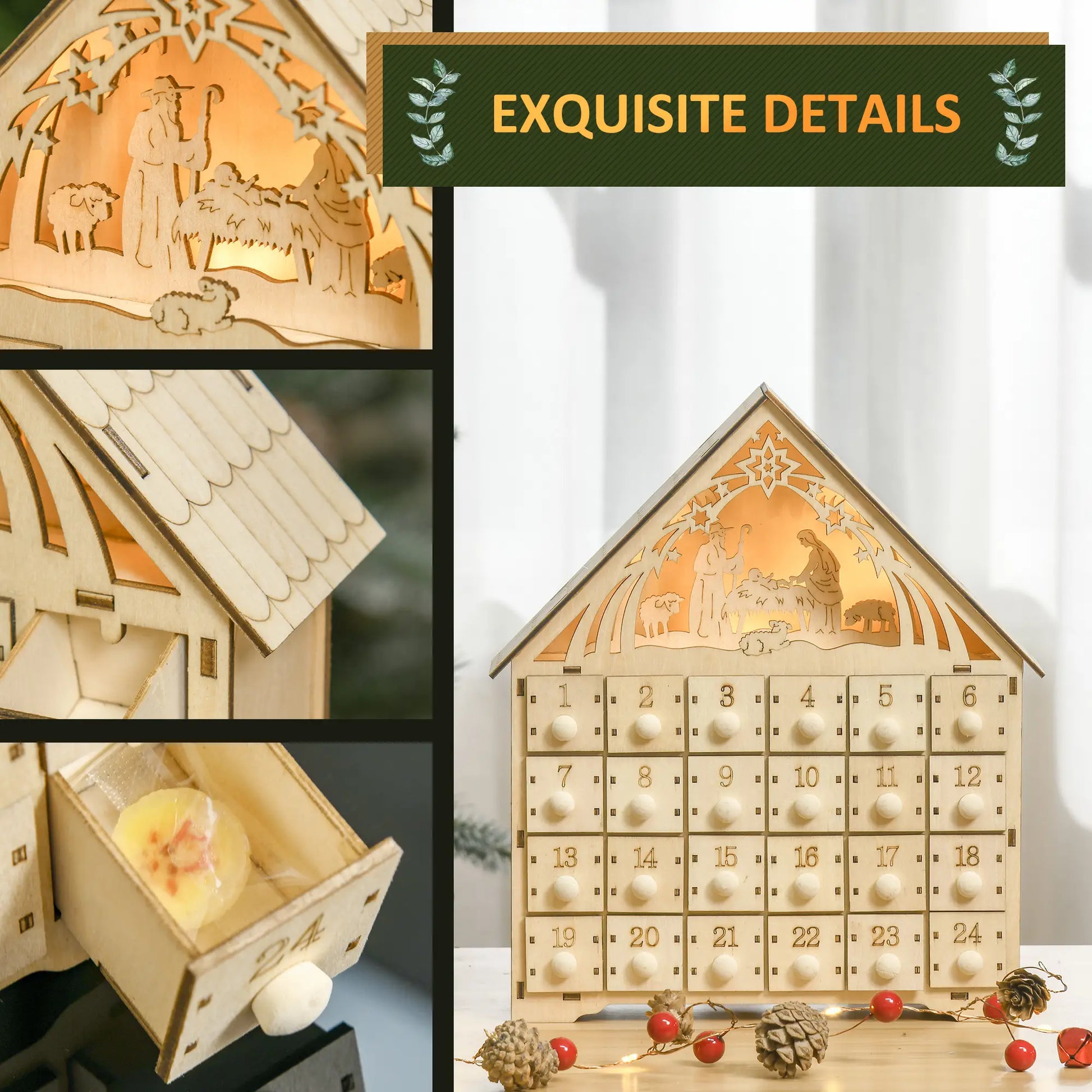 Wooden Christmas Advent Calendar, Lighted 24 Days, Bible Characters, Battery Operated, Natural Christmas Advent Calendars at Gallery Canada