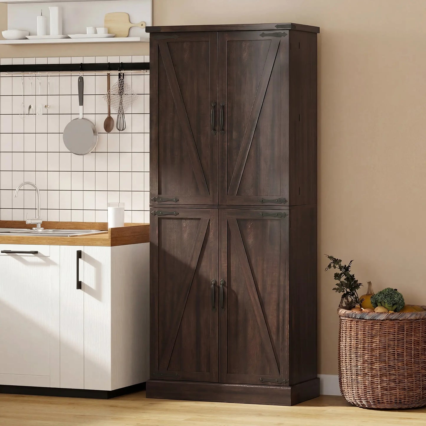 72" Tall Kitchen Pantry Cabinet, Farmhouse Storage Cabinet with 8 Door Racks and Adjustable Shelves, Distressed Brown
