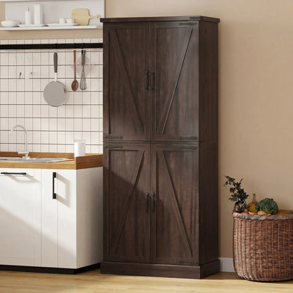 72" Tall Kitchen Pantry Cabinet, Farmhouse Storage Cabinet with 8 Door Racks and Adjustable Shelves, Distressed Brown