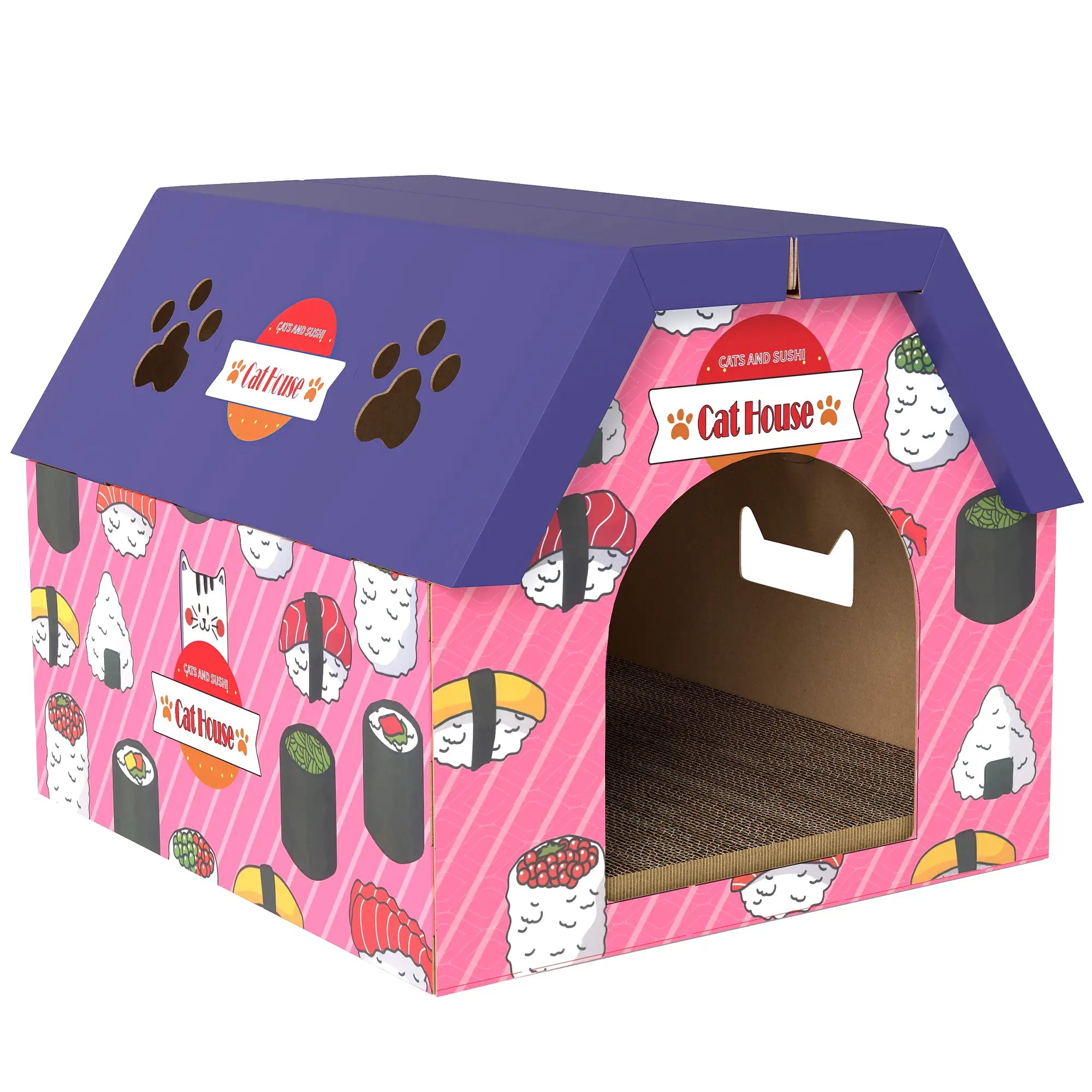 Cat Scratcher House, 2-in-1 Cardboard Scratching Pad with Door, Pink Cat Houses at Gallery Canada
