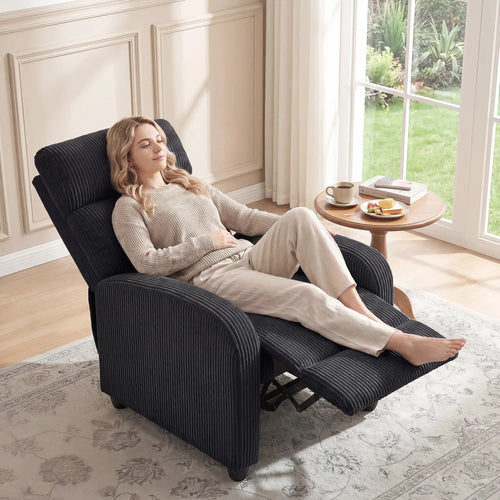 Corduroy Push Back Recliner Chair, Padded Seat, Black