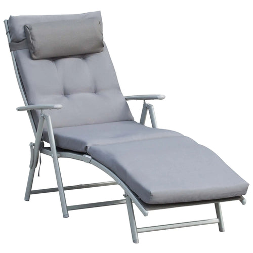 Outdoor Folding Chaise Lounge, Adjustable Backrest, Cushion, Headrest, Grey