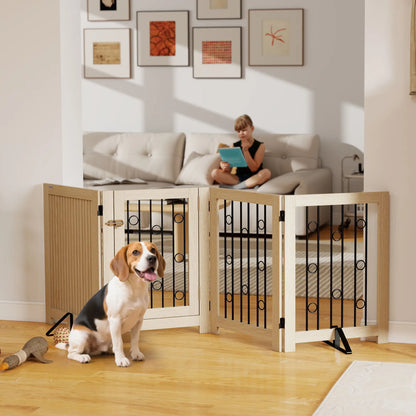 Wooden Foldable Dog Gate, 4 Panels, Walk-Through Door