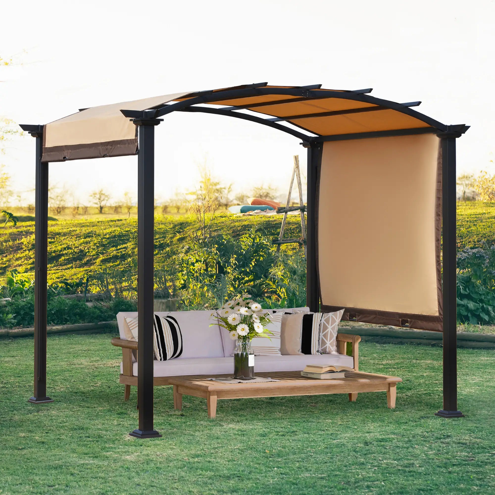 10' x 8' Outdoor Retractable Canopy, Steel Frame Pergola, Beige Pergolas at Gallery Canada