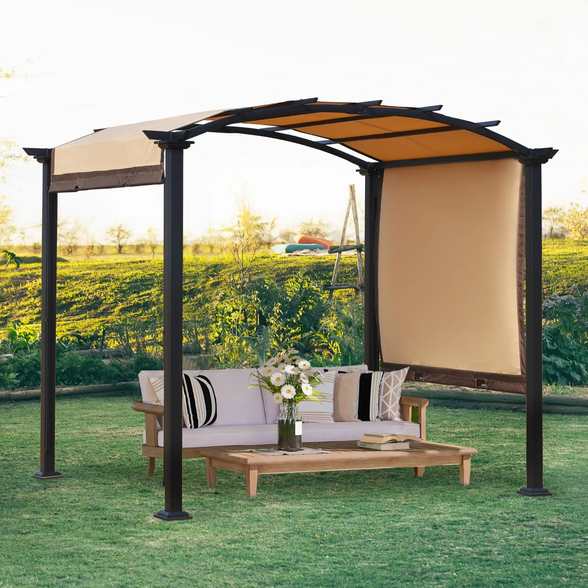 10' x 8' Outdoor Retractable Canopy, Steel Frame Pergola, Beige Pergolas at Gallery Canada