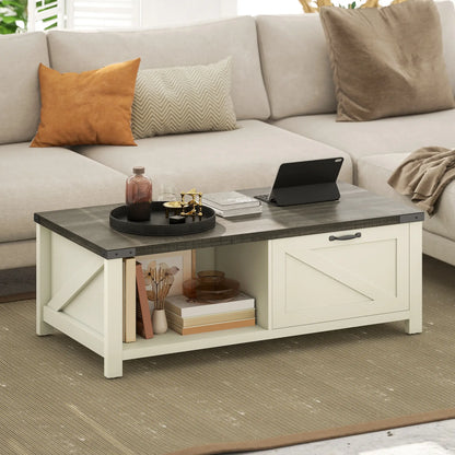 Farmhouse Coffee Table with Drawer, Open Shelf, Distressed White Coffee Tables at Gallery Canada