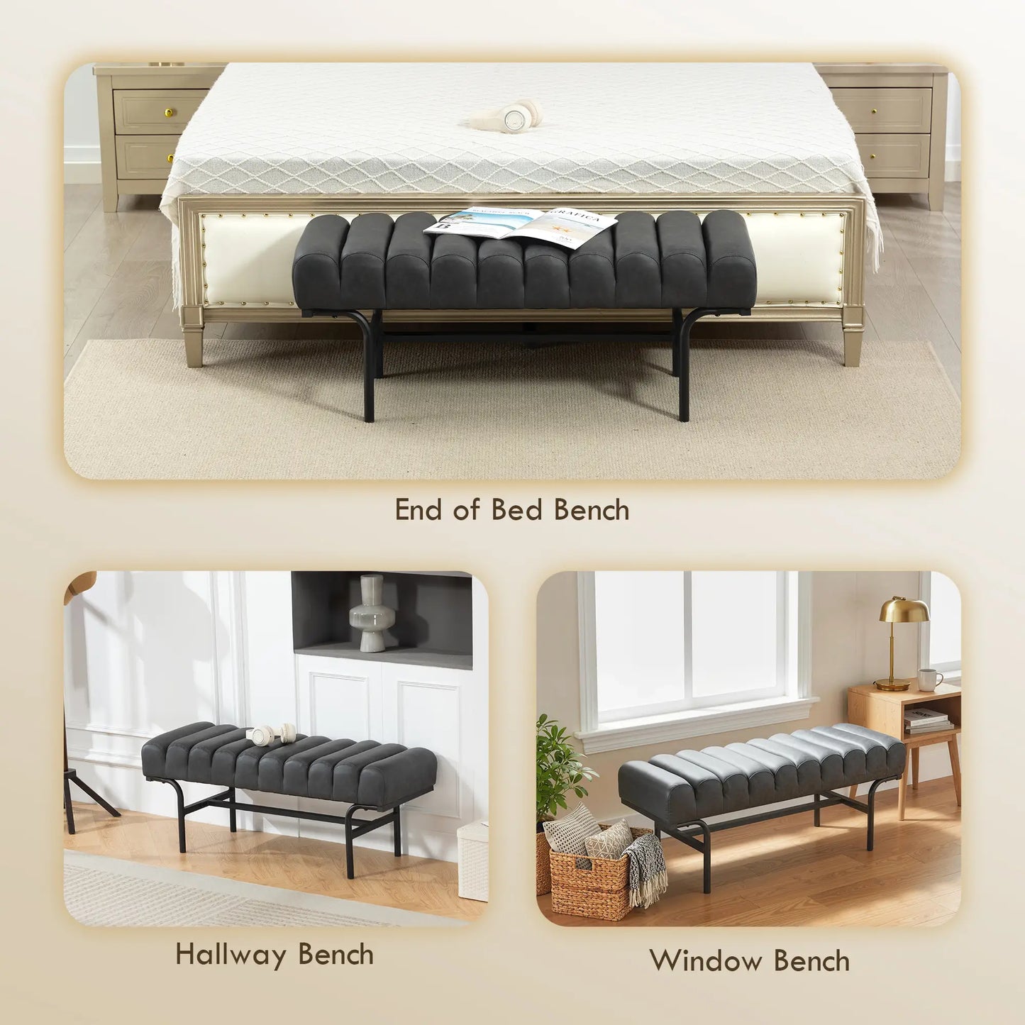 PU Leather Bedroom Bench, Cylindrical Seat, Metal Legs, Black Storage Ottomans & Benches at Gallery Canada