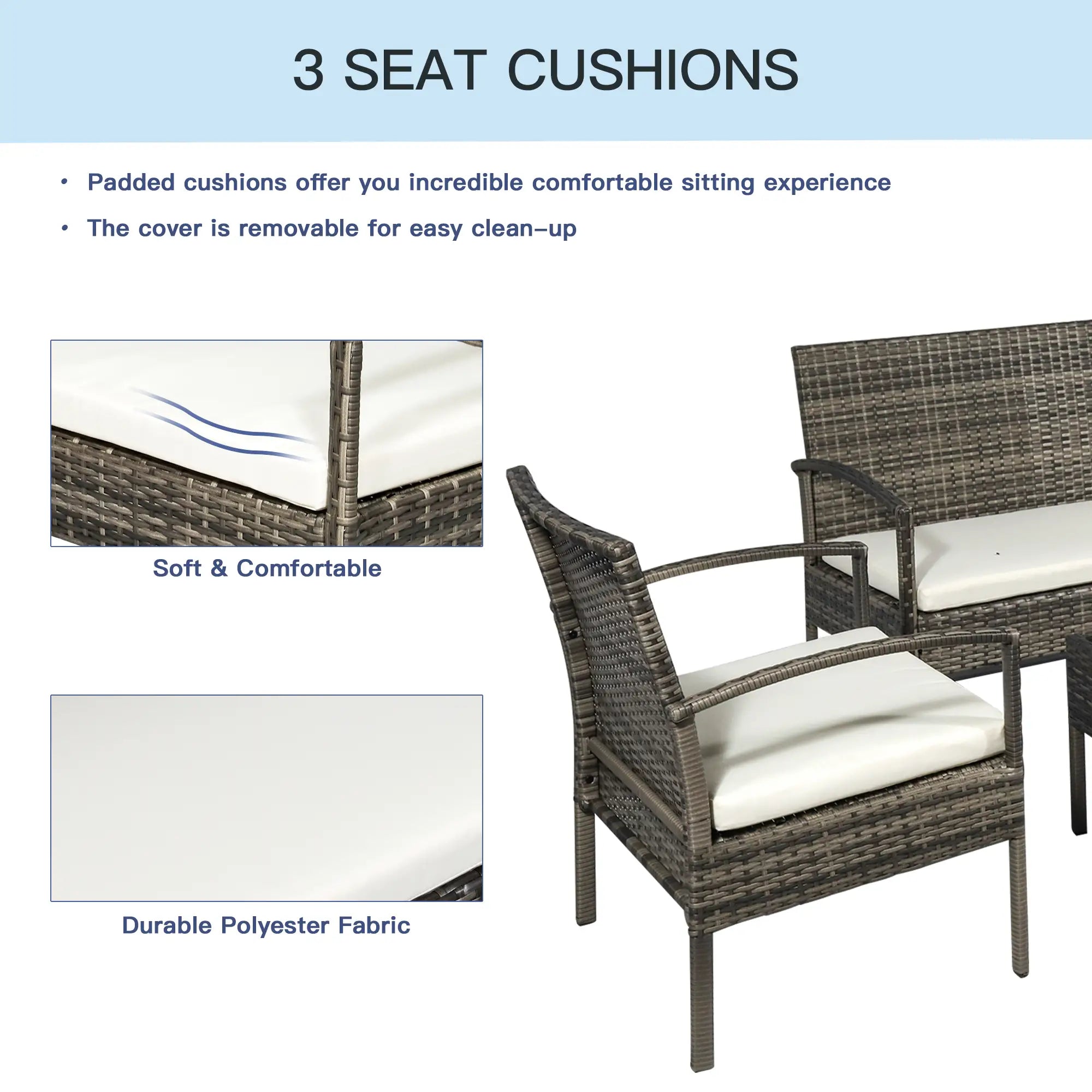 4-Piece Patio Set, Loveseat, 2 Armchairs, Coffee Table, PE Rattan, Cushions, Grey, Cream Patio Furniture Sets at Gallery Canada