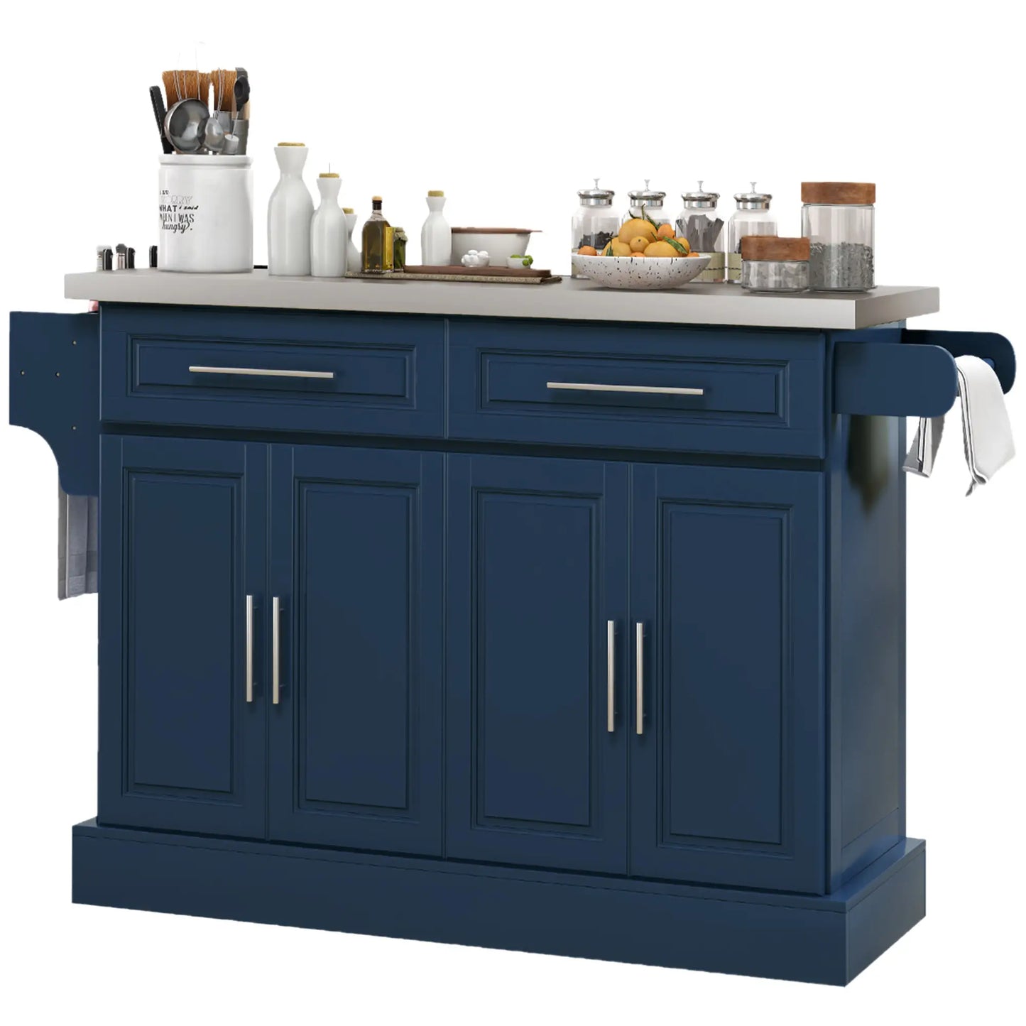 Rolling Kitchen Island with Storage, Stainless Steel Top, Blue Kitchen Islands & Kitchen Carts at Gallery Canada