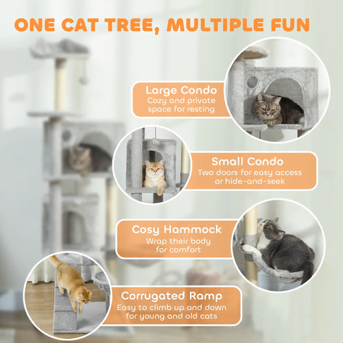 63 Inch Cat Tree, Sisal Scratching Posts, Condos, Plush Perches, Hammock, Ladder, Dangling Balls, Light Grey