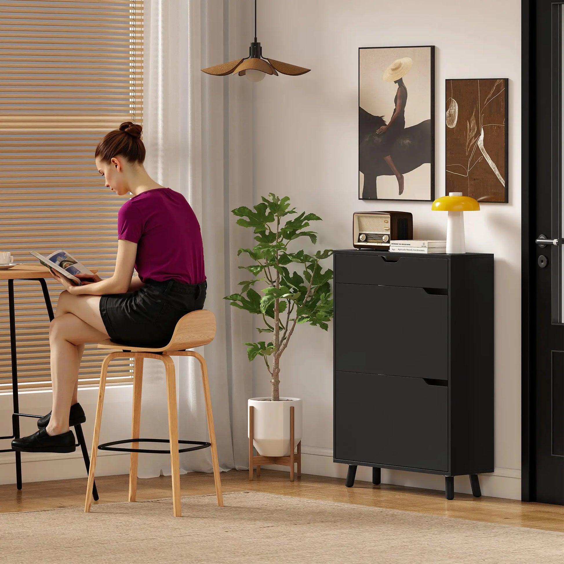 Narrow Shoe Cabinet, 2 Flip Drawers, Top Drawer, Adjustable Shelves, Black Shoe Storage Cabinets & Racks at Gallery Canada