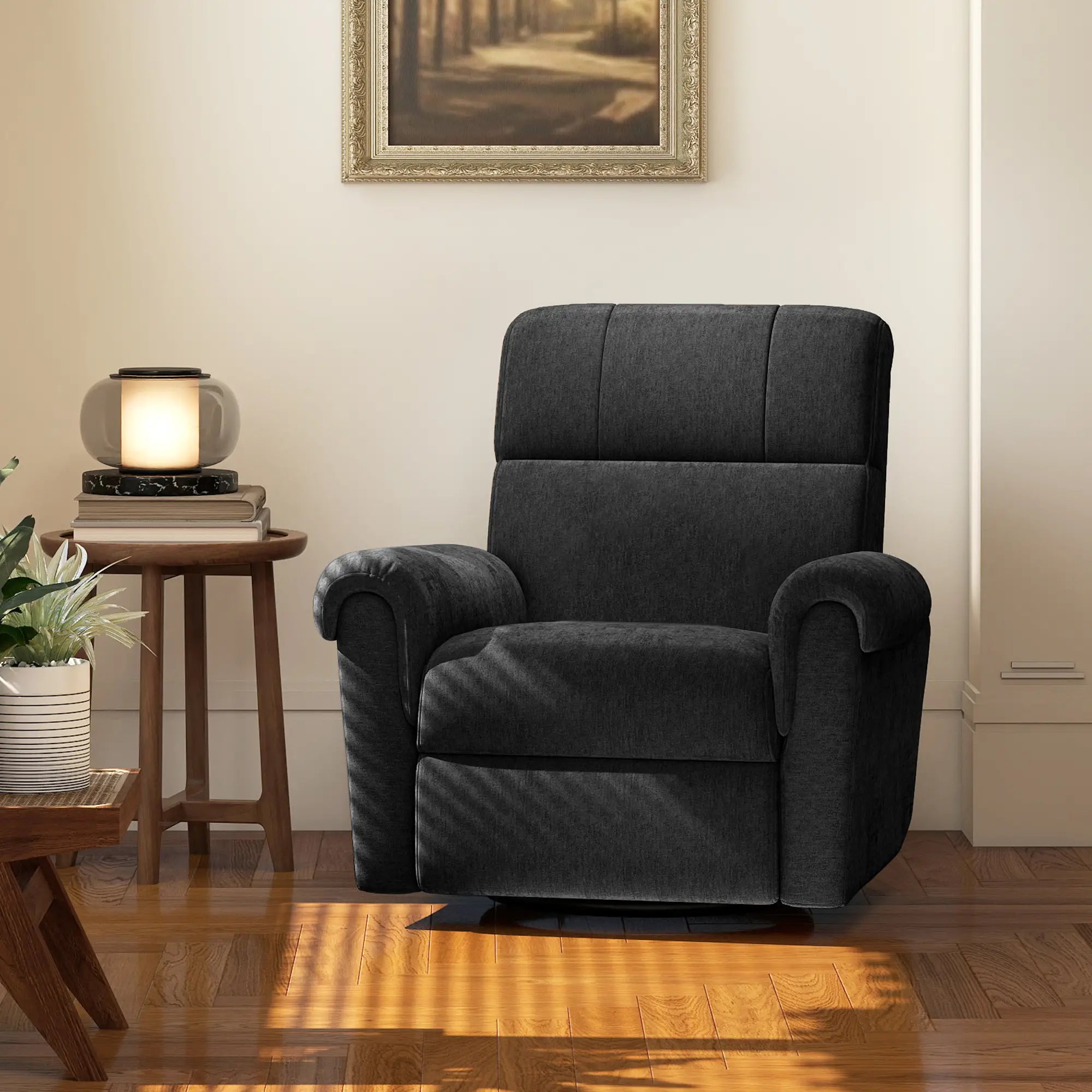 Power Recliner Chair, Fabric Upholstered, USB Ports, Swivel Rocking, Footrest, Black Single Sofas at Gallery Canada