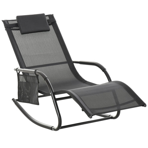 Outdoor Mesh Rocking Chair, with Removable Headrest, Side Pocket, Black