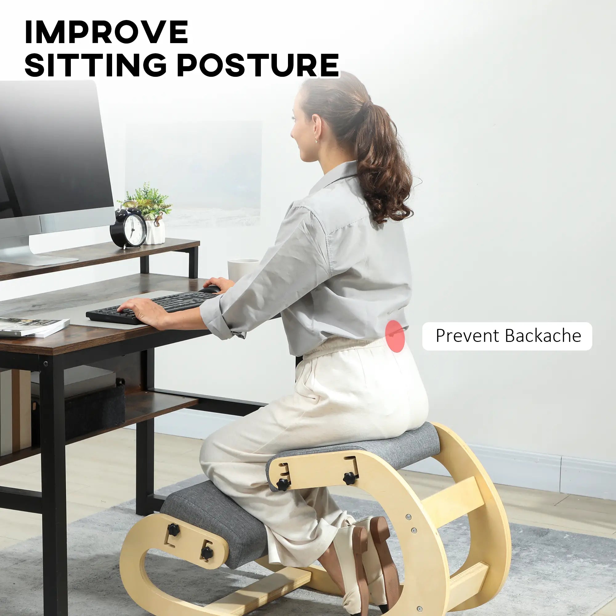 Ergonomic Kneeling Chair, Adjustable Rocking Wood Stool, Grey Office Chairs at Gallery Canada