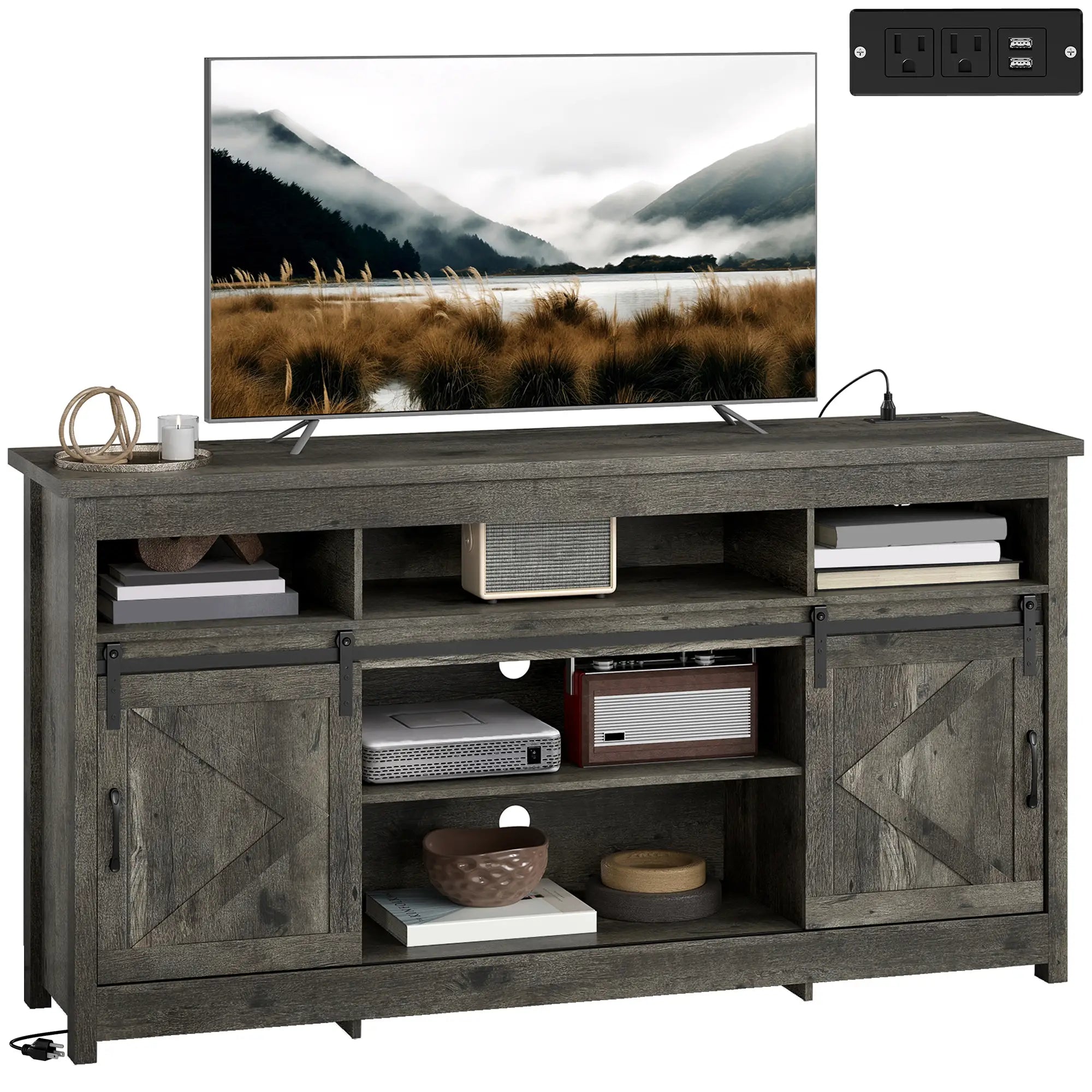 TV Stand For 72 Inch TVs, Power Outlets, Sliding Barn Doors, Dark Grey TV Stands at Gallery Canada