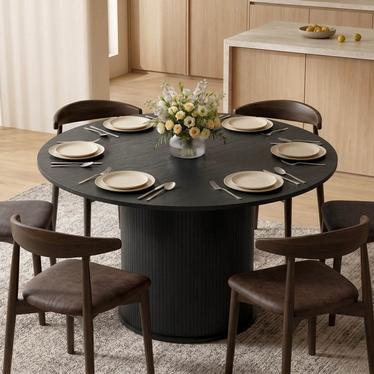 47 Inch Round Dining Table For 5, Fluted Pedestal Base, Black Dining Tables at Gallery Canada
