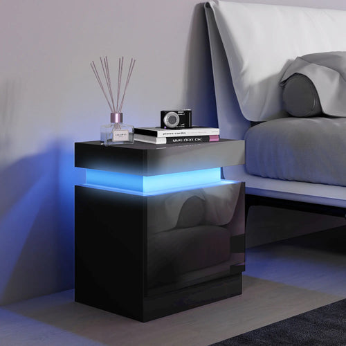 Nightstand, Bedside Table with LED Lights, 2 Drawers, Black