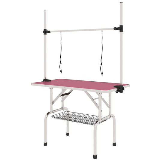 Adjustable Dog Grooming Table with 2 Safety Slings, Storage Basket, Pink - Gallery Canada