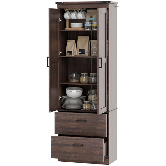67" Tall Kitchen Pantry Cabinet, Doors, Drawers, Adjustable Shelves Kitchen Pantry Cabinets Distressed Brown at Gallery Canada