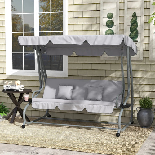 3-Seater Patio Swing Chair, Adjustable Canopy, 2 Pillows, Light Grey