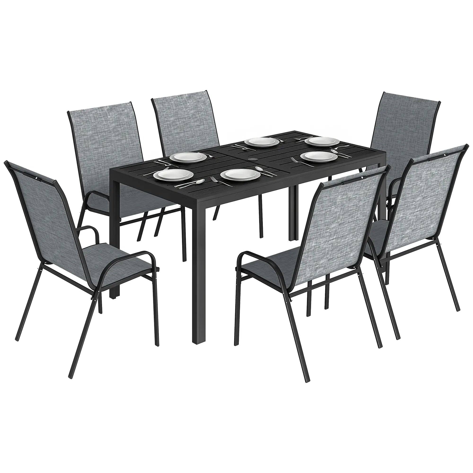 Outdoor Dining Set For 6, Faux Wood Metal Patio Table, Mesh Stackable Chairs, Mixed Grey Outdoor Dining Sets at Gallery Canada
