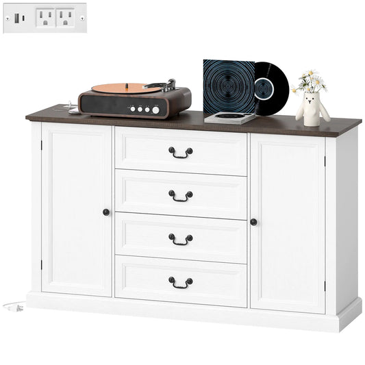 Farmhouse Sideboard with Charging Station, 58" Buffet Cabinet, White