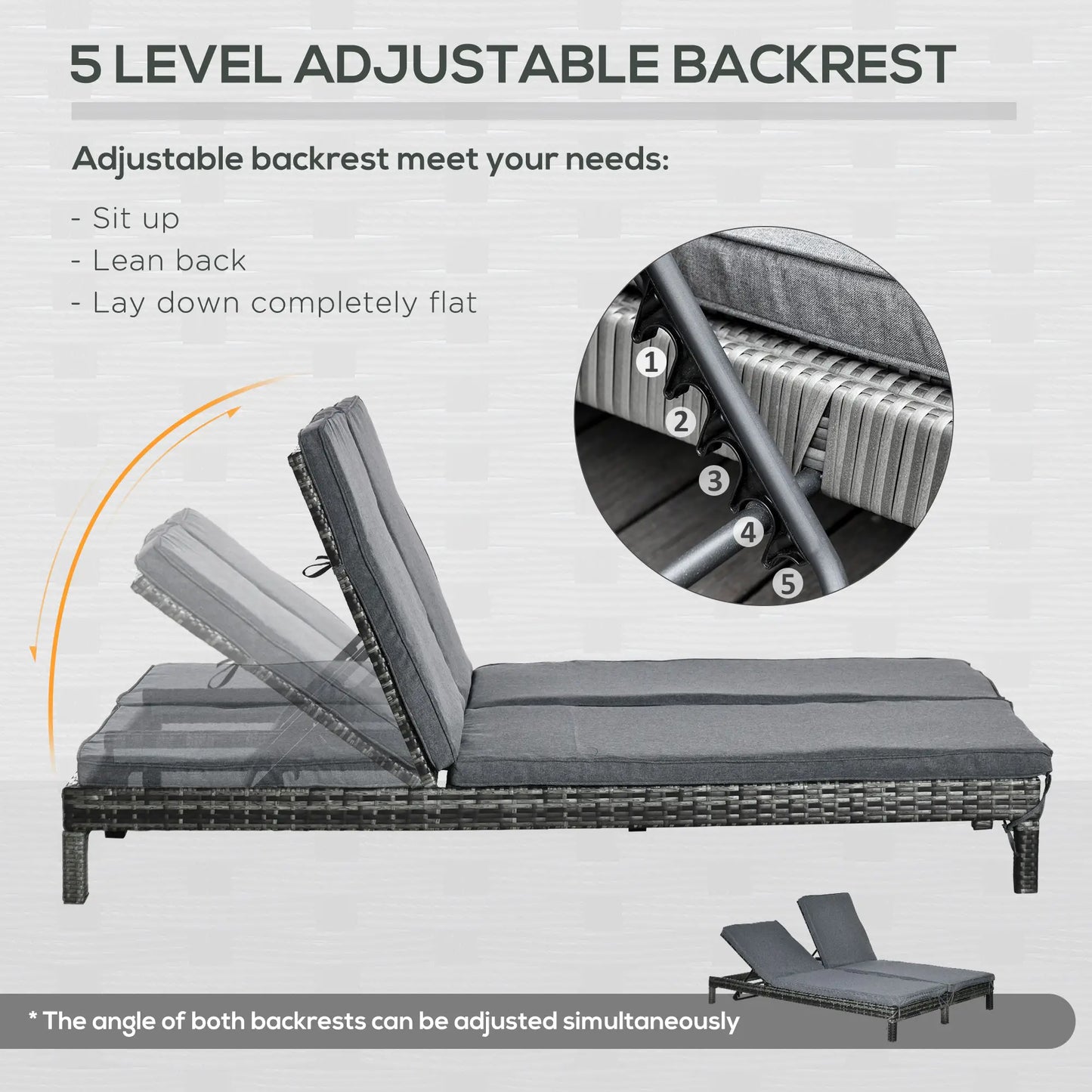 Wicker Double Chaise Lounge, Outdoor Recliner, Rattan Sunbed, Adjustable Backrest, Black, Grey Chaise Loungers at Gallery Canada