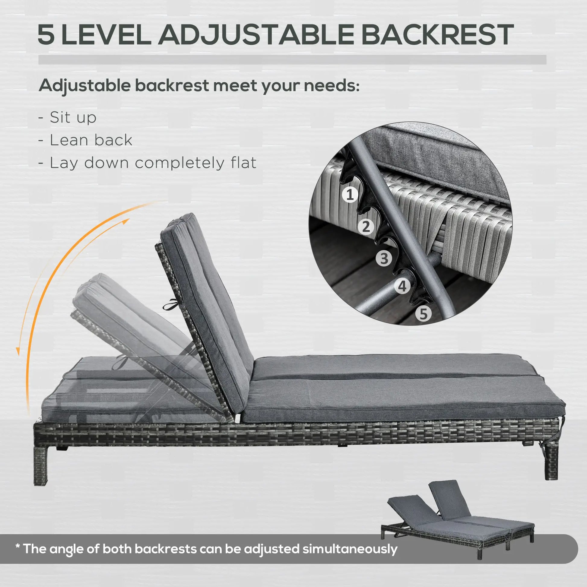 Wicker Double Chaise Lounge, Outdoor Recliner, Rattan Sunbed, Adjustable Backrest, Black, Grey Chaise Loungers at Gallery Canada