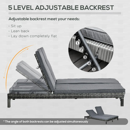 Wicker Double Chaise Lounge, Outdoor Recliner, Rattan Sunbed, Adjustable Backrest, Black, Grey Chaise Loungers at Gallery Canada