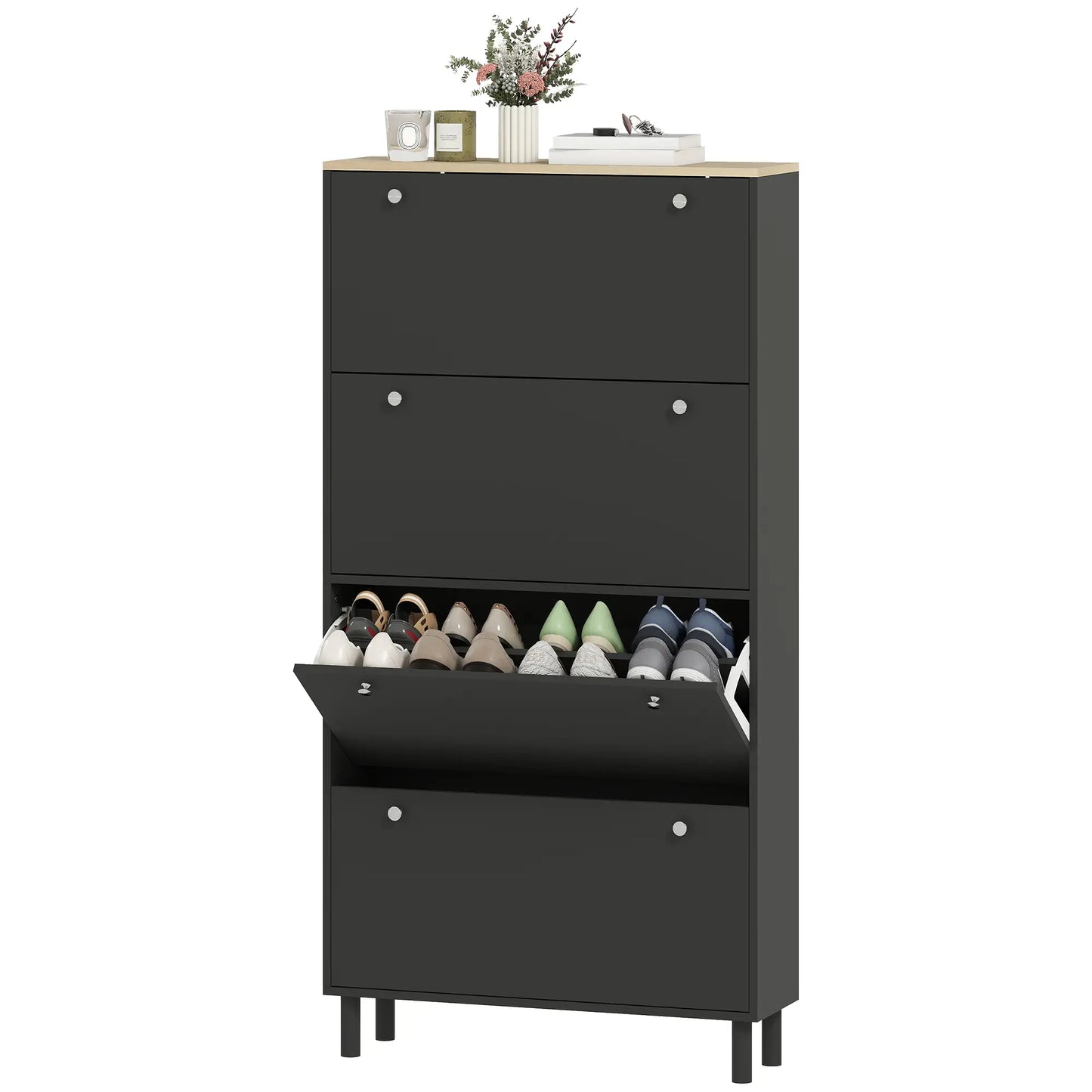 Narrow Shoe Cabinet with 4 Flip Drawers, Adjustable Shelves, Holds 24-32 Pairs, Black Shoe Storage Cabinets & Racks Black, Oak at Gallery Canada