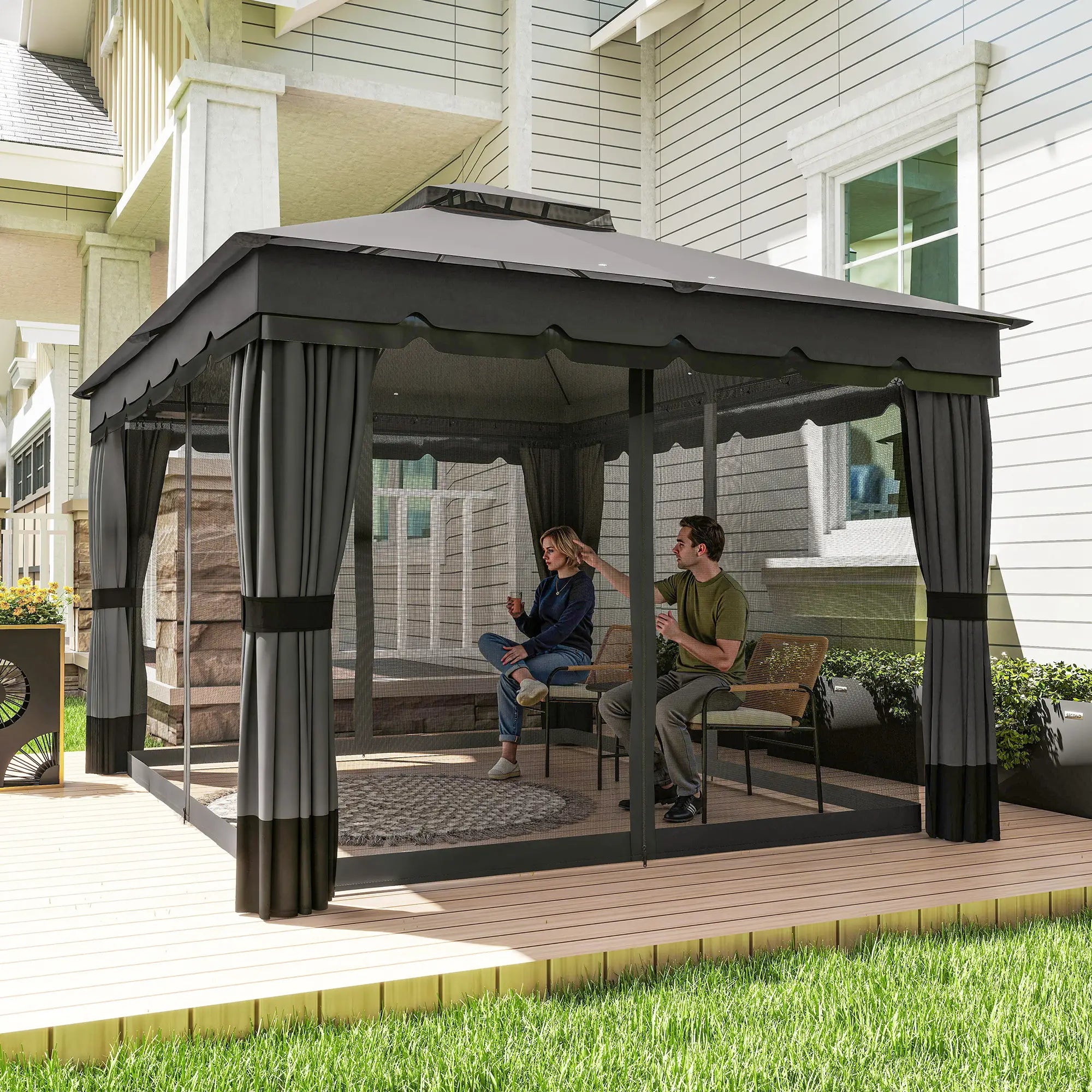 10' x 12' Double Roof Patio Gazebo Canopy With Netting, Curtains Gazebos at Gallery Canada
