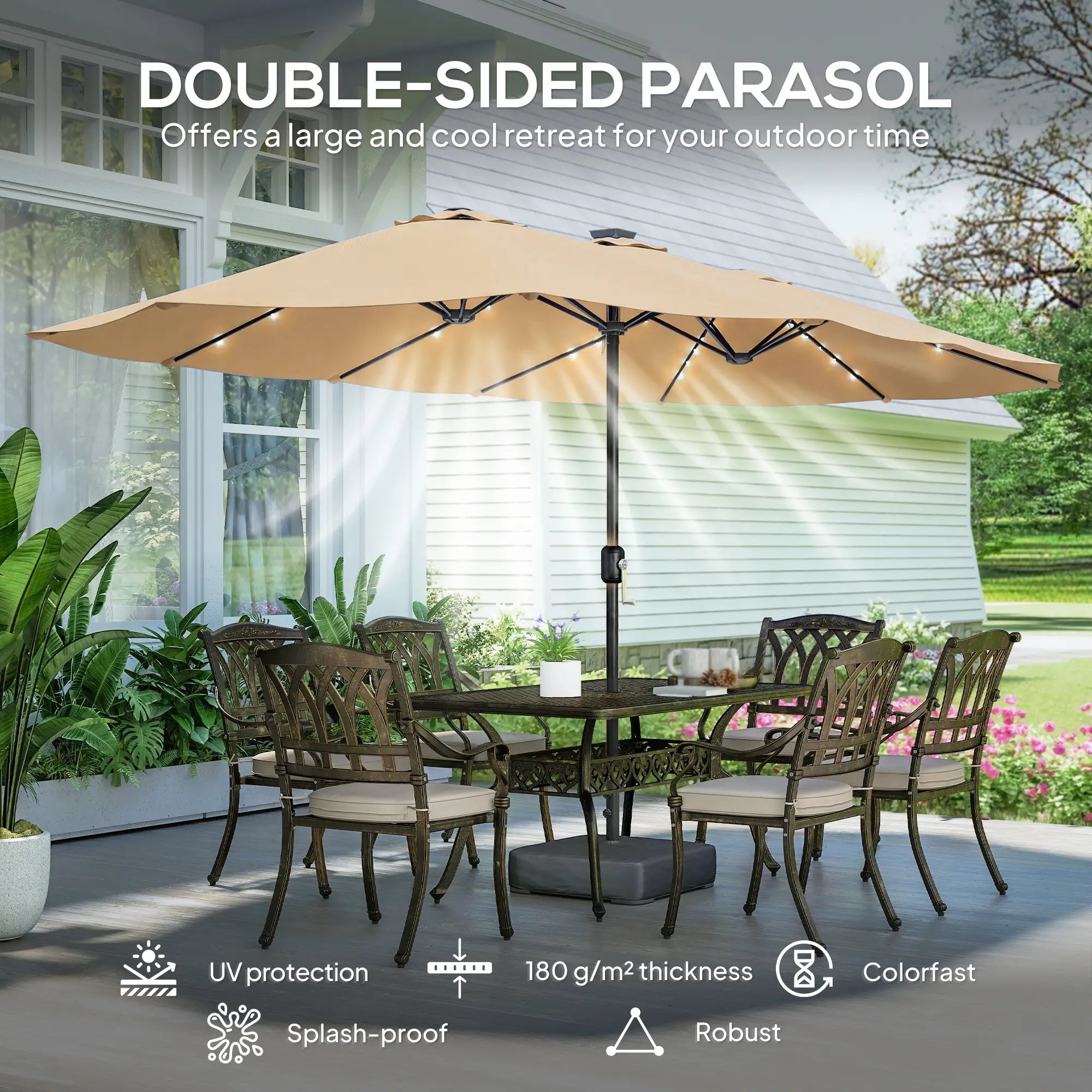 Double Sided Patio Umbrella, 15ft, LED Lights, Base Included, Khaki Double-sided Umbrellas at Gallery Canada