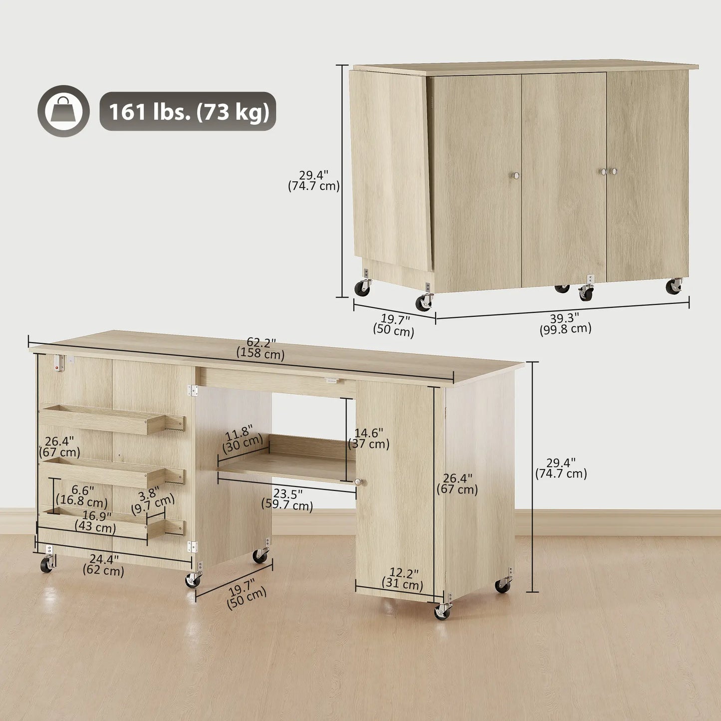 Sewing Machine Table, Drop Leaf, 2 Doors, Adjustable Shelf, Natural Sewing Cabinets at Gallery Canada