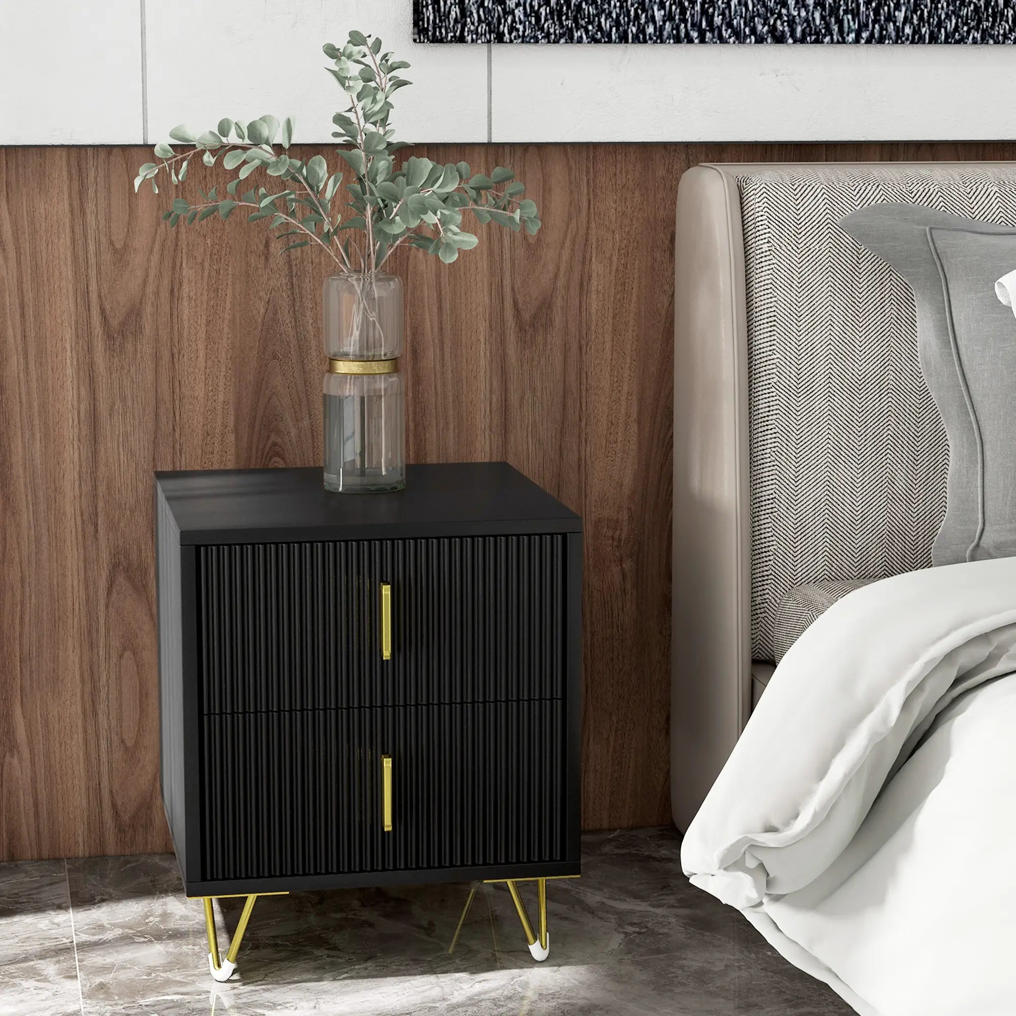 Modern Nightstand, 2 Drawers, Metal Legs, Bedroom Living Room, Black Bedside Tables at Gallery Canada
