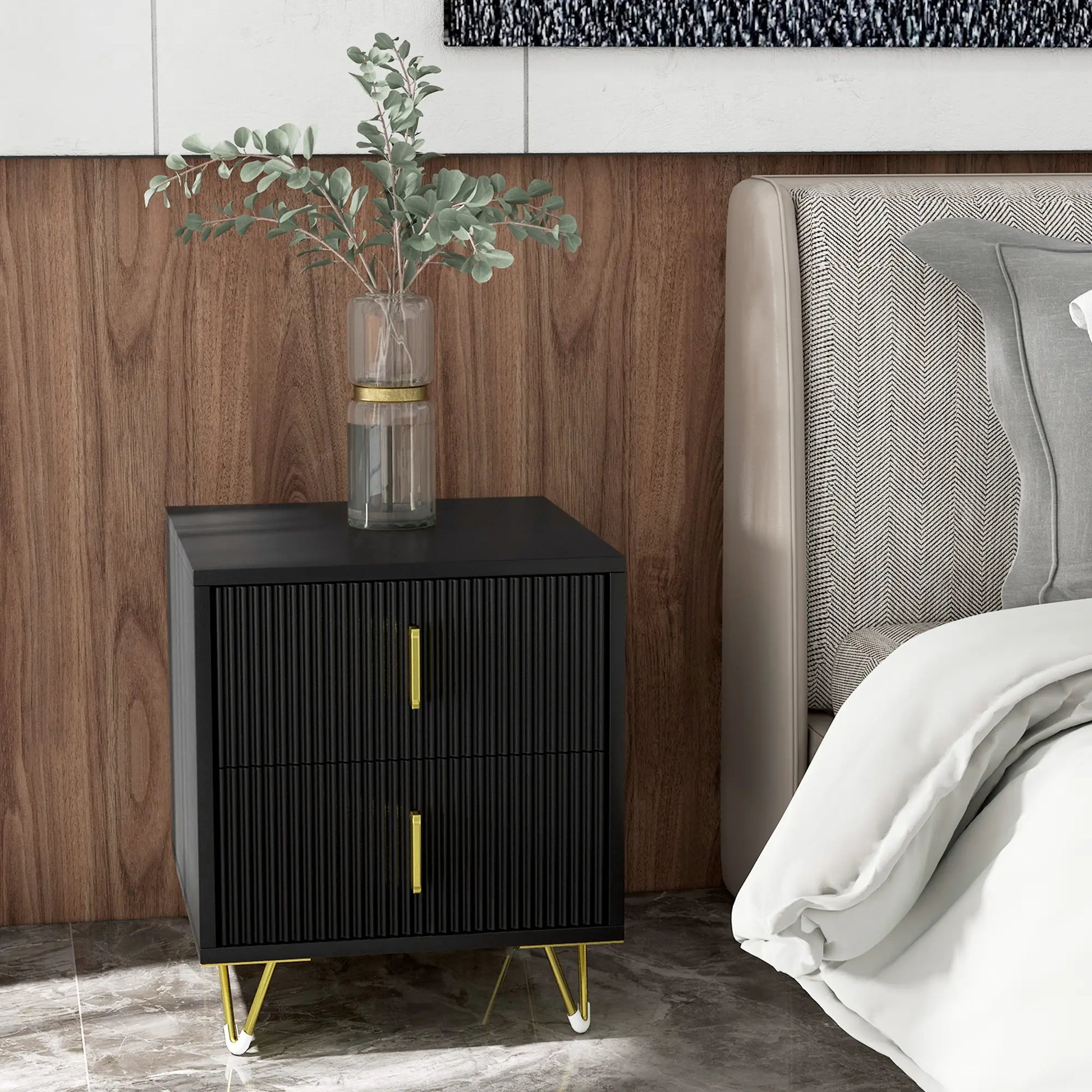 Modern Nightstand, 2 Drawers, Metal Legs, Bedroom Living Room, Black Bedside Tables at Gallery Canada