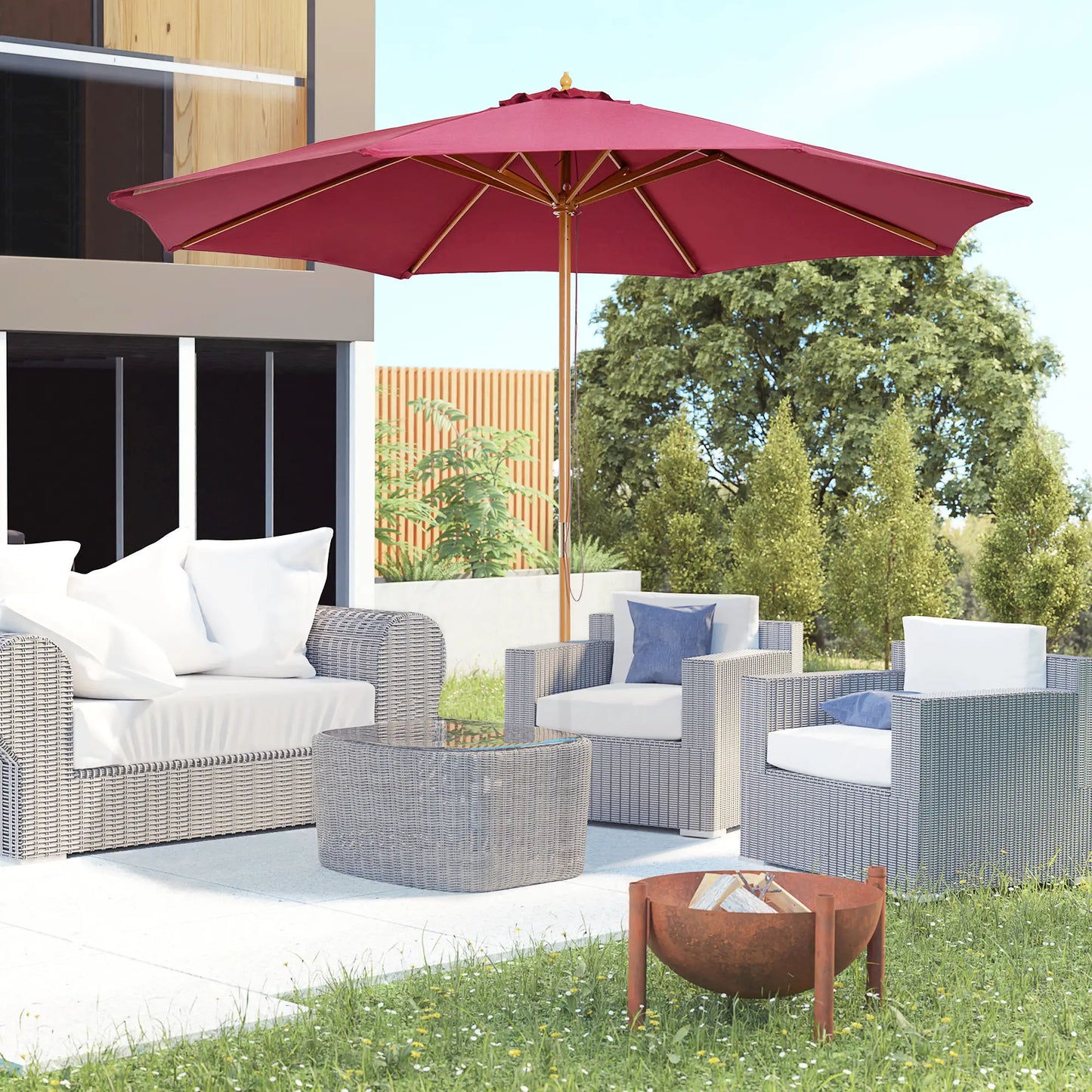 10' x 8' Bamboo Round Patio Umbrella, Wine Red Sun Umbrellas at Gallery Canada