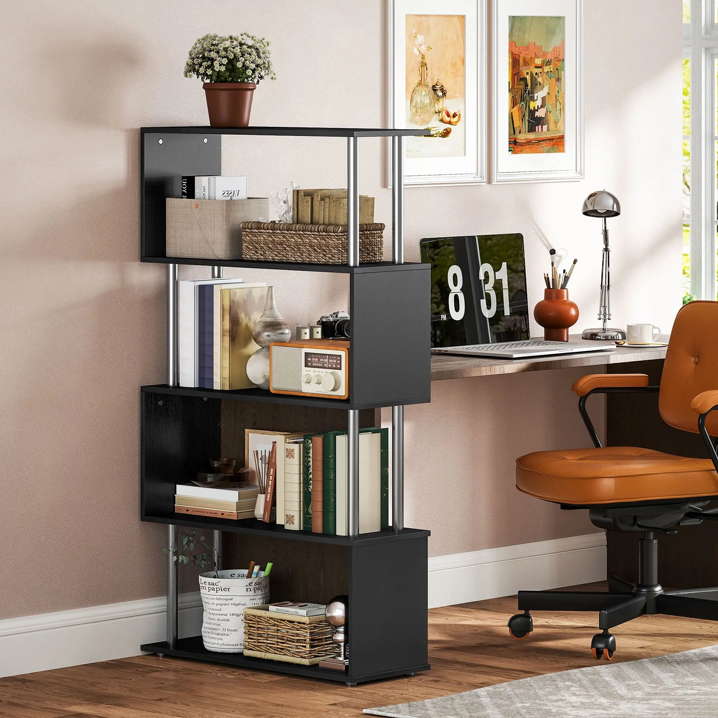 5-Tier Geometric Wooden Bookcase, S-Shaped Storage, Black Display Bookshelves at Gallery Canada