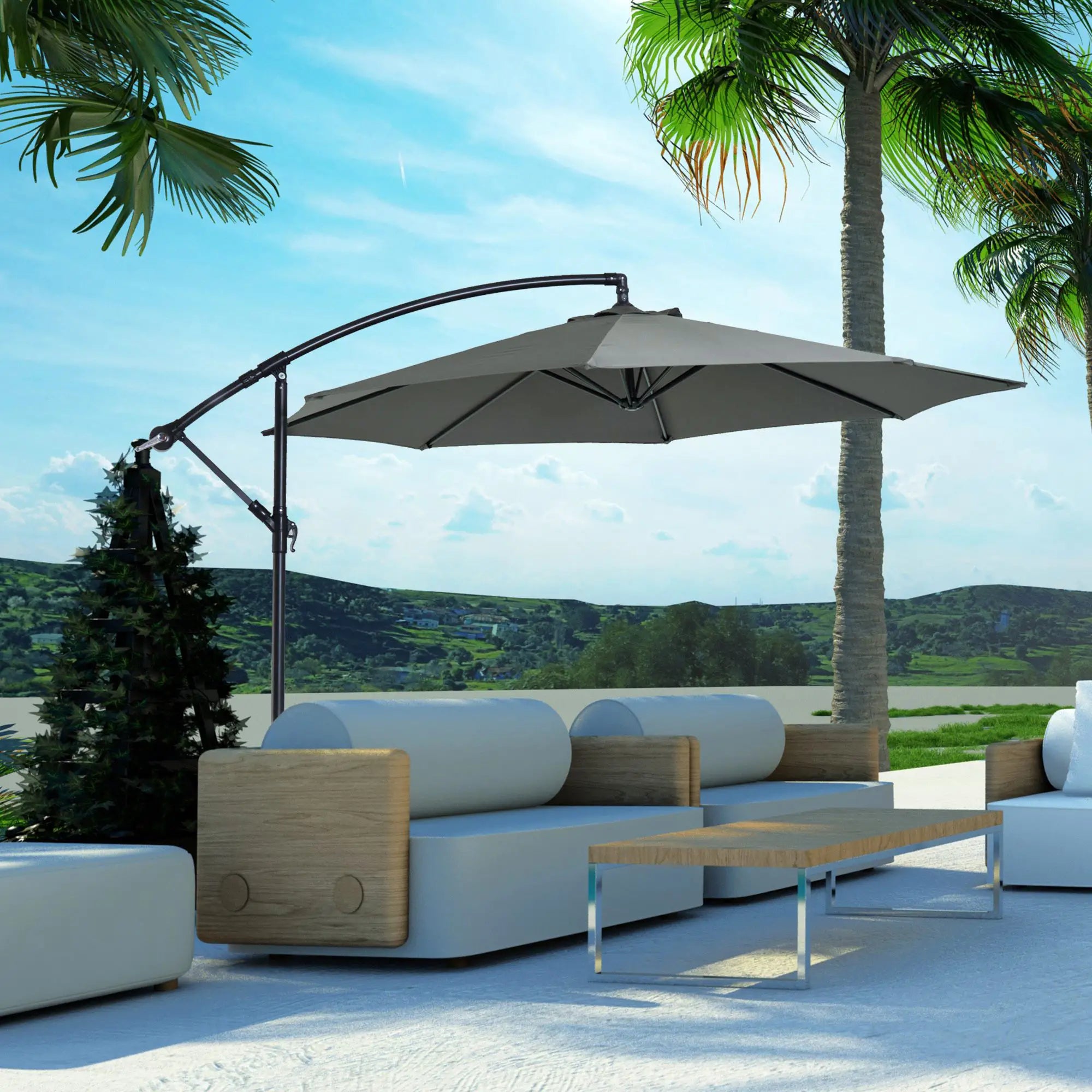 9.7ft Offset Patio UmbrellaCantilever Parasol with Crank Handle, 8 Ribs and Cross Base for Outdoor, Sun Shade, Cream Offset Cantilever Umbrellas at Gallery Canada