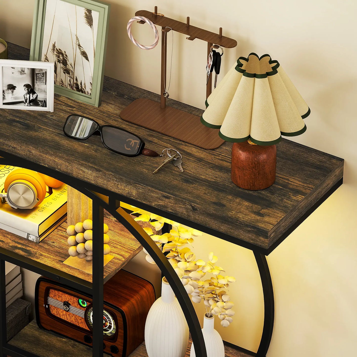 4-Tier Console Table With Charging Station, LED Lights, 39", Rustic Brown Console Tables at Gallery Canada