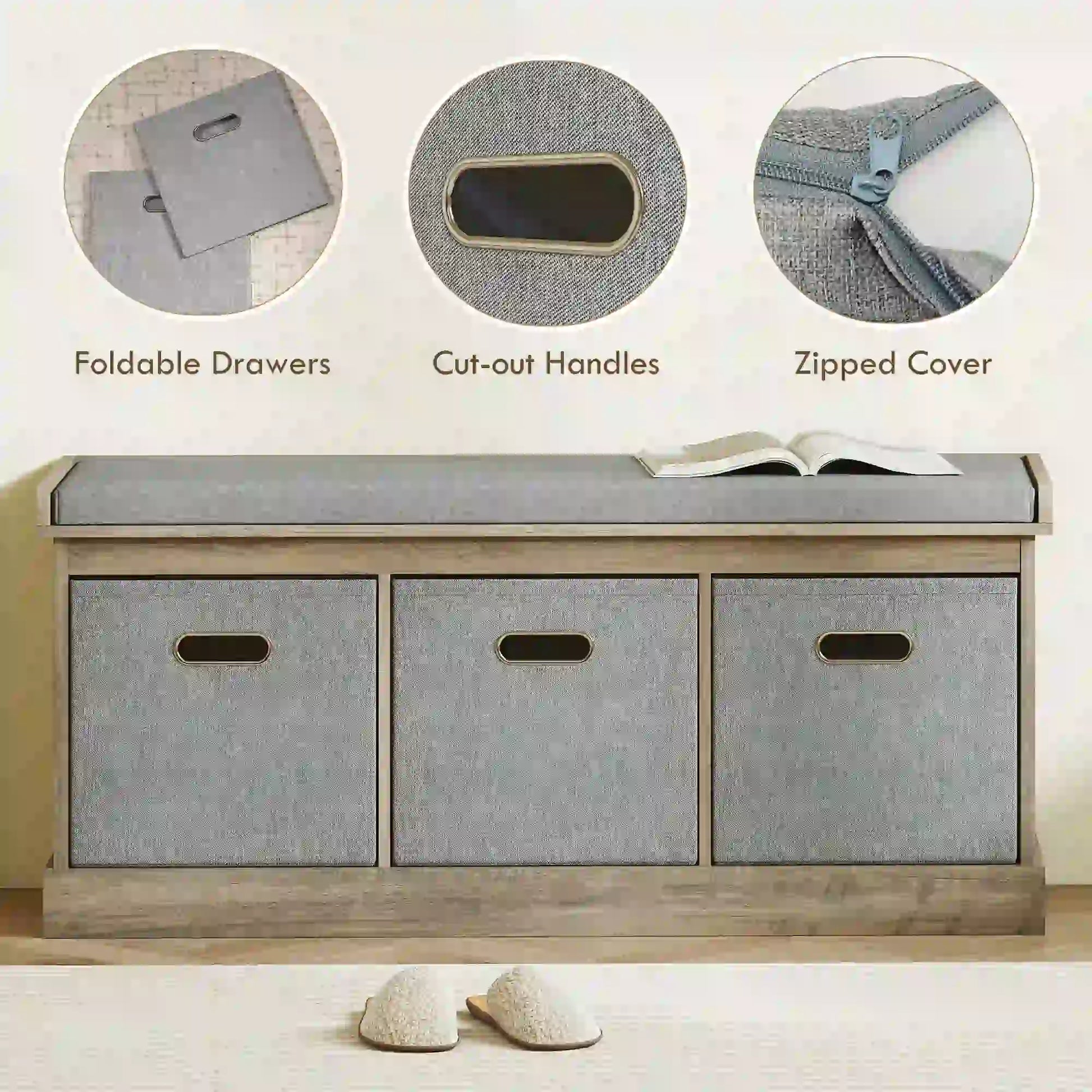Shoe Storage Bench with Seat, 3 Fabric Drawers, Washed Grey Shoe Storage Cabinets & Racks at Gallery Canada