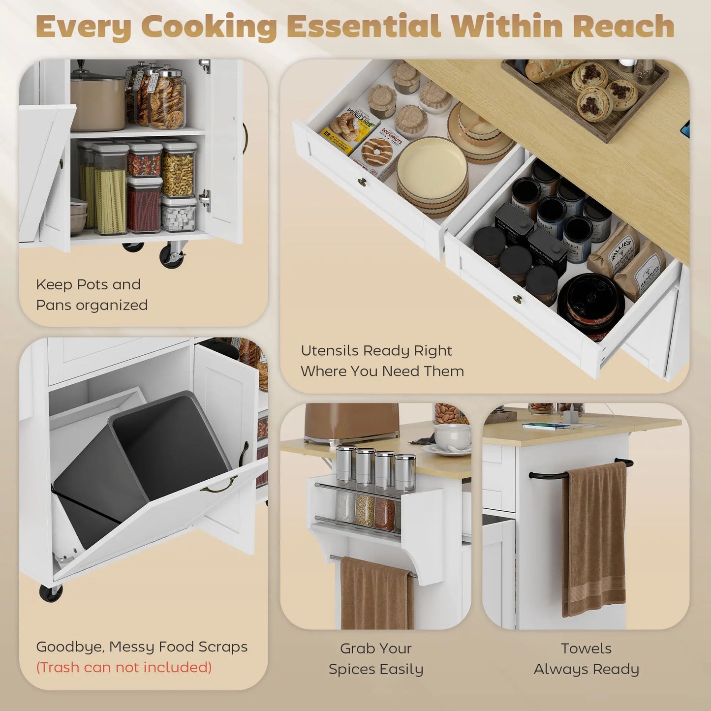 Kitchen Island Cart with Charging Station, Drop Leaf, Trash Can Cabinet, White Kitchen Islands & Kitchen Carts at Gallery Canada
