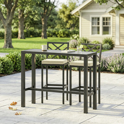 3 Piece Patio Bar Set, Outdoor Bar Table and Stools, Electrophoresis Steel Tabletop, X Back, Footrest, Cushions, Khaki Bistro Sets at Gallery Canada